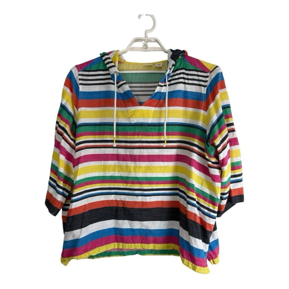 Westbound  Womens Shirt Adult Size 3x Yellow Blue Striped Hoodie Tie Casual